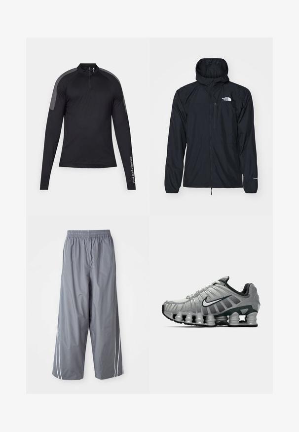 Casaco impermeável preto com capuz, frente com fecho éclair, punhos elásticos e um pequeno bolso no peito. Apresenta o logótipo "The North Face" em branco.; Camisa atlética preta de mangas compridas com um zíper de um quarto e detalhes cinzas nos ombros. Apresenta o texto "PeakPerformance" na manga esquerda.; Calças largas cinzas, leves e sintéticas com uma waistband elástica e riscas brancas laterais. Textura suave com um design casual.; Sapatilha de corrida Nike cinza e preta com um sistema de amortecimento semelhante a molas visível sob a sola e um logo swoosh branco na lateral.