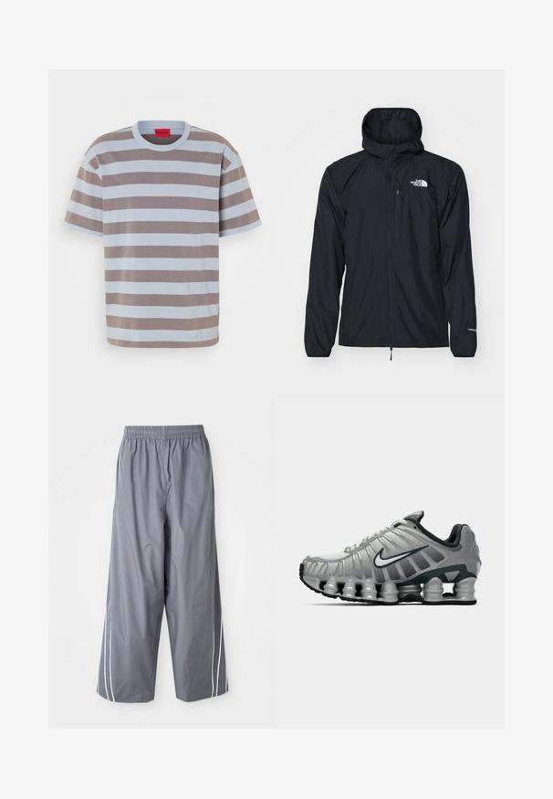 Schwarze wasserdichte Jacke mit Kapuze, Reißverschluss vorne, elastischen Bündchen und einer kleinen Brusttasche. Mit dem weißen "The North Face"-Logo.; Gestreiftes T-Shirt in Hellblau und Braun, aus Baumwolle gefertigt. Mit einem runden Ausschnitt und einem kleinen eingravierten Logo in der Mitte vorne.; Graue, leichte, synthetische weit geschnittene Hosen mit elastischem Bund und weißen Seitenstreifen. Glatte Textur mit einem lässigen Design.; Grauer und schwarzer Nike-Laufschuh mit sichtbarer federähnlicher Dämpfung unter der Sohle und einem weißen Swoosh-Logo an der Seite.