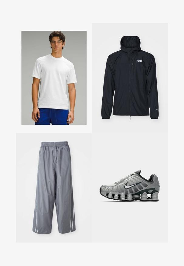 Giacca impermeabile nera con cappuccio, fronte con zip, polsini elasticizzati e una piccola tasca sul petto. Presenta il logo "The North Face" in bianco.; T-shirt bianco a maniche corte con collo rotondo, texture liscia e senza motivi o logo visibili, indossato con pantaloni sportivi blu.; Pantaloni larghi in sintetico leggero di colore grigio, con vita elasticizzata e strisce bianche ai lati. Texture liscia con un design casual.; Scarpa da corsa Nike grigia e nera con ammortizzazione visibile a molla sotto la suola e logo swoosh bianco di lato.
