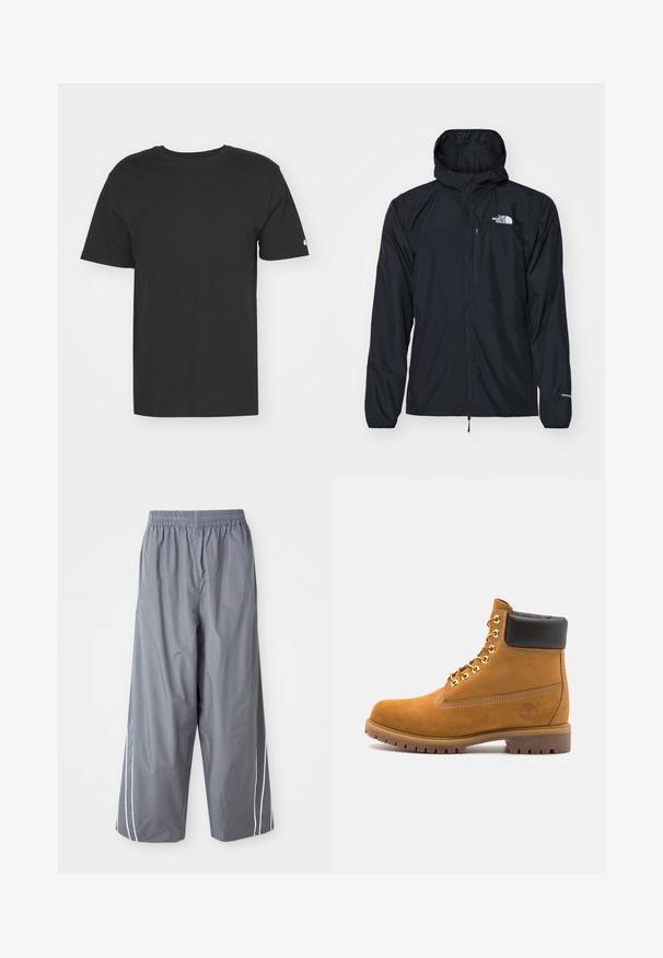 Casaco impermeável preto com capuz, frente com fecho éclair, punhos elásticos e um pequeno bolso no peito. Apresenta o logótipo "The North Face" em branco.; T-shirt preta feita de algodão macio, com mangas curtas e decote redondo. Design simples com um pequeno logótipo na manga esquerda.; Calças largas cinzas, leves e sintéticas com uma waistband elástica e riscas brancas laterais. Textura suave com um design casual.; Botim de tornozelo em camurça bege com colarinho acolchoado preto, ilhós de metal dourado, detalhes de costura branca e sola de borracha robusta com sulcos pronunciados.