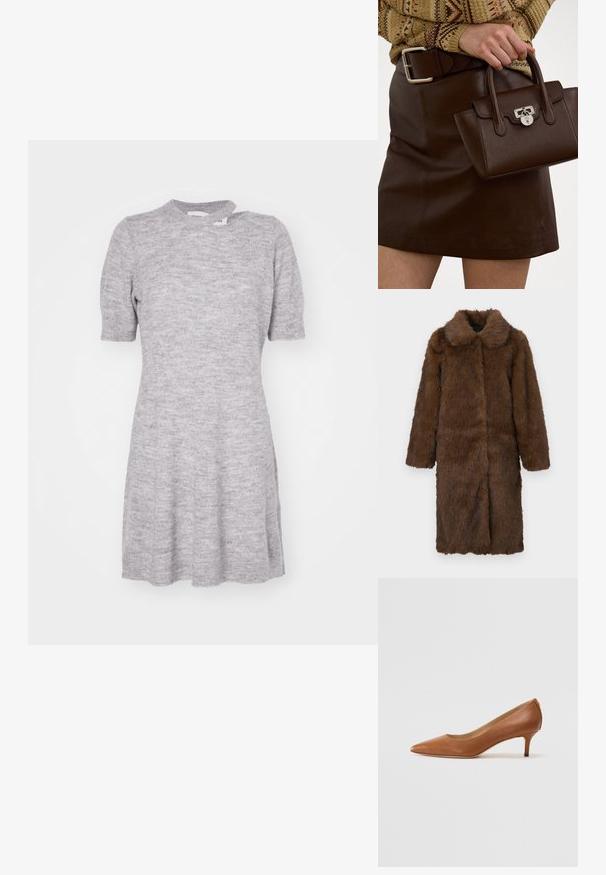 Rjava umetna krzna bunda z širokim ovratnikom, dolgimi rokavi in srednje dolgim dizajnom. Tekstura deluje mehko in kuštravo ter ustvarja bogat videz.; Svetlo siva pletena obleka s kratkimi rokavi, prilagojeni korzet in razseženo krilo. Ima okroglo ovratnico in mehak videz z diskretnim vzorcem.; Lauren Ralph Lauren ADRIENNE - Klasične pete - deep saddle tan; Brahno usnjeni torbici z teksturirano površino in srebrnim okovjem, ki jo drži roka ob rjavem usnjenem krilu in vzorčastem puloverju.