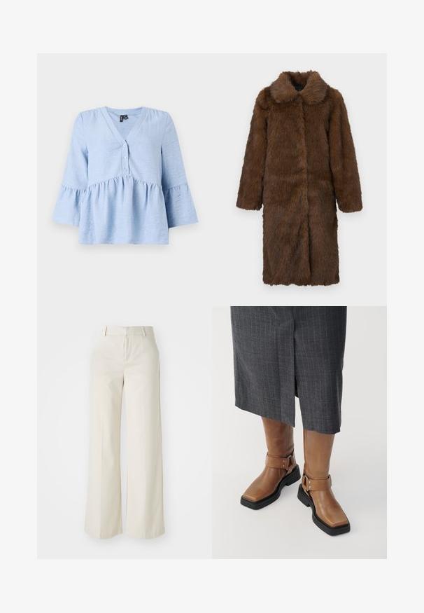 Brūns mākslīgā pūka mētelis ar platām apkaklēm, garām piedurknēm un vidēja garuma dizainu. Tekstūra izskatās mīksta un pūkaina, radot greznu izskatu.; Gaiši zila, teksturēta blūze ar V veida kakla izgriezumu, pogām pa priekšpusi un izsistiem ādām. Tam ir savilkts vidusdaļa, lai piešķirtu papildu formu.; Platas kājās bikses gaisā bežā krāsā, izgatavotas no gludas auduma. Iezīmē klasisku jostasvietu un plakanu priekšpusi ar tīrām līnijām.; Brūni ādas līdz ceļiem zābaki ar kvadrātu purngalu, melnu gumijas zoli un regulējamu sprādzes detaļu. Kombinēti ar pelēku strīpainu svārku.