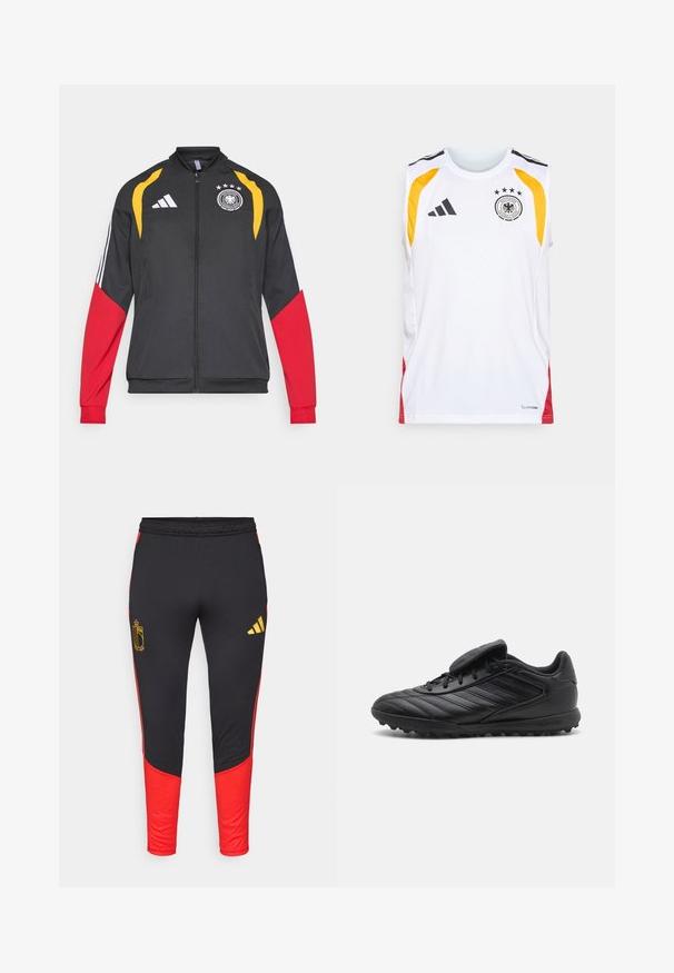 Zwarte jas met rode en gele accenten, voorzien van drie witte strepen op de mouwen en het embleem van het Duitse team op de borst, gemaakt van lichtgewicht stof.; Wit mouwloos shirt met zwarte accenten, gele en rode zijpanelen, voorzien van een logo met daarboven vier sterren en een "Climacool" label.; Zwarte sportieve broek met rode zijpanelen, voorzien van een gouden logo op de linker dij en een gele Adidas-logo op het rechterbeen.; Zwarte synthetische voetbalschoenen met een gestructureerde bovenkant, voorzien van vetersluiting, gevoerde tong en rubberen noppenonderkant voor grip.