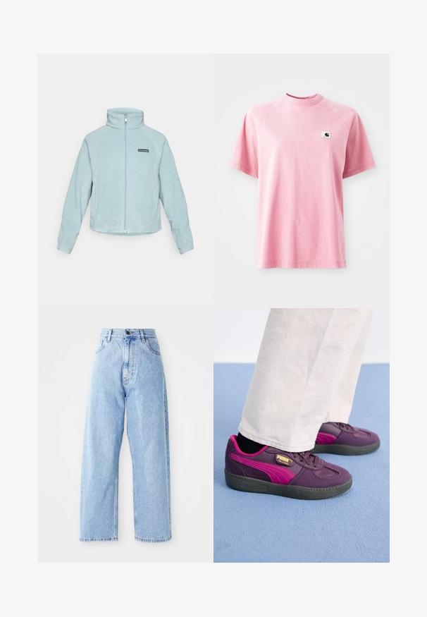 Chaqueta de forro polar azul claro con un collar alto, cierre central y diseño de panel lateral. Presenta un parche de logo negro en el lado izquierdo del pecho.; Camiseta de algodón rosa con cuello redondo y mangas cortas. Presenta un pequeño parche cuadrado con el logo en la zona del pecho izquierdo. Textura suave.; Jeans de mezclilla de tiro alto en color azul claro, con piernas rectas y anchas, cierre frontal con botón y cremallera, y bolsillos delanteros y traseros.; Zapatillas moradas y rosas con suela de goma, que presentan una superficie texturizada, cordones y una marca dorada en el costado. Los pantalones blancos contrastan con el calzado.