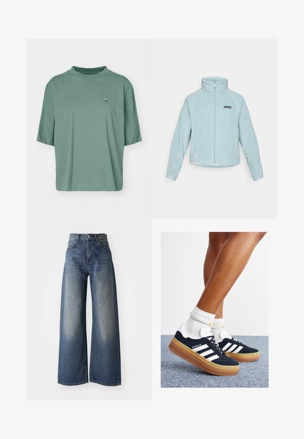Lys blå fleecejakke med høy krage, sentral glidelås og design med sidepaneler. Har et svart logo-patch på venstre bryst.; Kortermet, løstsittende T-skjorte i dempet grønn bomull. Har en subtil bølgelogo på brystet og en ribbestrikket rund hals.; Blå høy midje vide ben jeans med knapp foran og lommer, falmet tekstur på lårene og rett kant.; Svarte sneakers i semsket skinn med hvite striper og detaljer, rund tå, yttersåle i gummigummi, kombinert med hvite ribbestrikkede crew-sokker.
