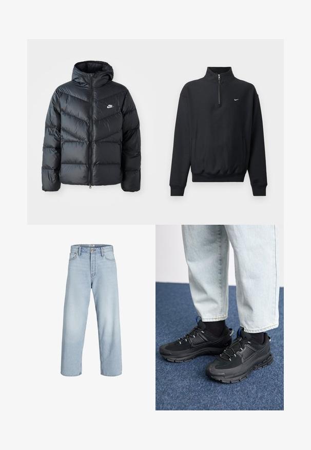 Zwarte pufferjack met capuchon, voorzien van een ritssluiting aan de voorkant, een chevron-quilt ontwerp, zijzakken en het Nike-logo op de borst.; Zwarte sweatshirt met een hoge ritskraag, lange mouwen, zijzakken en een elastische tailleband. Voorzien van een klein wit Nike-logo op de borst.; Lichtblauwe denim jeans met een hoge taille, wijde pijpen en een rechte snit. Voorzien van een klassieke knoopsluiting en een ontwerp met vijf zakken.; Zwarte sportschoenen met gestructureerde stof en rubberen zolen, met elastische veters en een blauwe accent op de hiel. Draag samen met lichte spijkerbroeken.