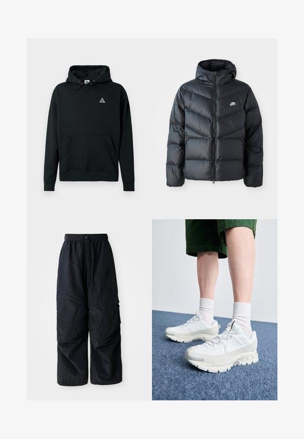 Melnā pūkaina jaka ar kapuci, ar rāvējslēdzēju priekšā, šķautņu šuvuma dizainu, sānu kabatām un Nike logotipu uz krūtīm.; Melnas kapuces džemperis, kas izgatavots no mīksta materiāla, ar priekšējo kabatu, regulējamām auklām un mazu baltu logo uz krūšu daļas.; Melnas vieglas neilona cargo bikses ar elastīgu jostu, regulējamu auklu un vairākiem slāņotiem kabatām uz kājām.; Baltas sporta apavi ar teksturētām detaļām, masīvu zoli un pelēkiem akcentiem. Valkāti ar baltiem zeķu pēdu apģērbiem un zaļām šortiem uz zilas virsmas.