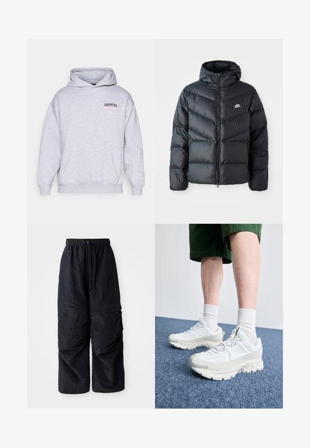 Zwarte pufferjack met capuchon, voorzien van een ritssluiting aan de voorkant, een chevron-quilt ontwerp, zijzakken en het Nike-logo op de borst.; Grijze sweatshirt met een capuchon, voorzien van een kangoeroezak en "JUVENTUS" in zwarte en roze tekst aan de voorkant links. Zachte stofstructuur.; Zwarte lichtgewicht nylon cargo pants met elastische tailleband, verstelbare trekkoord en meerdere gelaagde zakken op de benen.; Witte sportieve schoenen met textuuroverlays, een dikke zool en grijze accenten. Draag ze met witte crew-sokken en groene shorts op een blauwe ondergrond.