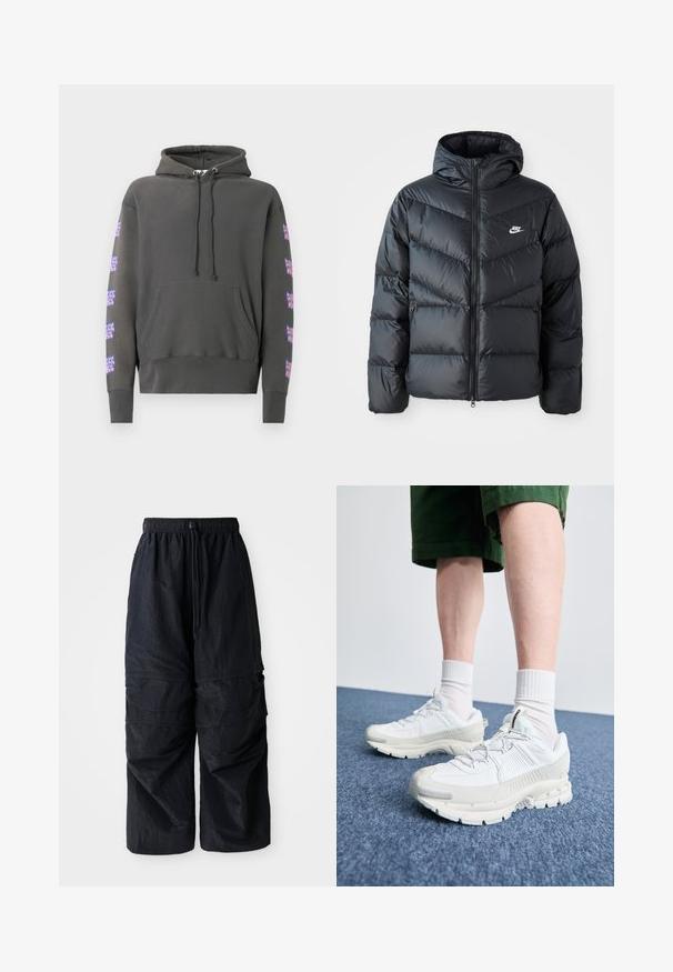 Zwarte pufferjack met capuchon, voorzien van een ritssluiting aan de voorkant, een chevron-quilt ontwerp, zijzakken en het Nike-logo op de borst.; Donkergrijze hoodie met lange mouwen, een voorvak, een capuchon met trekkoord en kleurrijke grafische patronen op de mouwen. Zachte katoenen stof.; Zwarte lichtgewicht nylon cargo pants met elastische tailleband, verstelbare trekkoord en meerdere gelaagde zakken op de benen.; Witte sportieve schoenen met textuuroverlays, een dikke zool en grijze accenten. Draag ze met witte crew-sokken en groene shorts op een blauwe ondergrond.