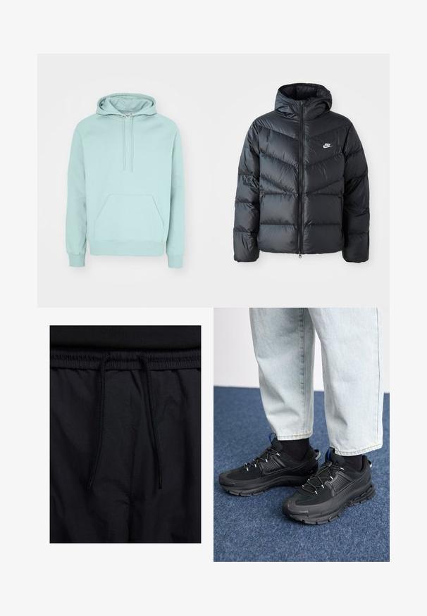 Fekete puffdzseki kapucnival, cipzáras elülső résszel, chevron quiltelt dizájnnal, oldalsó zsebekkel és Nike logóval a mellkasán.; Mentazöld kapucnis pulóver puha anyagból, kenguruzsebekkel, állítható húzózsinórral a kapucnin, valamint bordás mandzsettákkal és aljjal.; Fekete rövidnadrág, húzózsinórral ellátott derékrésszel, könnyű anyagból, sima felszínen, egyszerű dizájnnal, látható logók vagy minták nélkül.; Fekete sportcipők texturált anyaggal és gumitalppal, elasztikus fűzőkkel és kék kiegészítővel a saroknál. Világos farmernadrággal viselve.