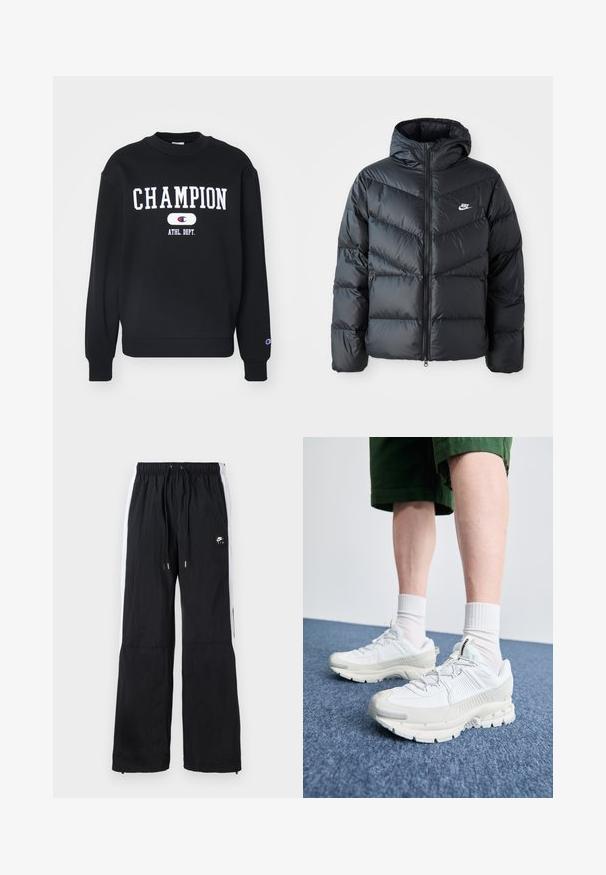 Sort dunjakke med hætte, der har lynlås foran, chevron quiltet design, sidelommer og Nike-logo på brystet.; Sort sweatshirt med ordet "CHAMPION" i hvidt, med "ATHL. DEPT." nedenfor. Ribbet rund hals og manchetter, blød stoftekstur.; Sorte sportbukser med elastisk talje, hvide sidestriber, lynlåslukninger ved anklerne og et gummieret logo på forsiden.; Hvide atletiske sko med teksturerede overlays, en chunky sål og grå accenter. Båret med hvide ankelstrømper og grønne shorts på en blå overflade.