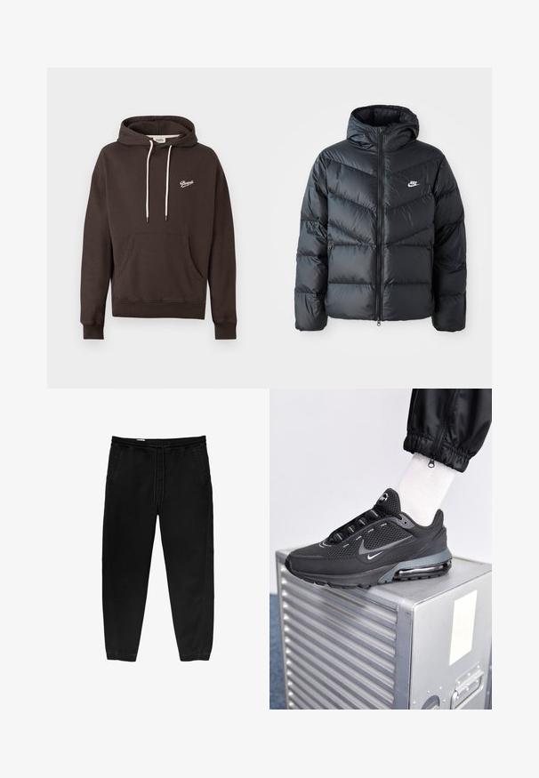 Schwarze Pufferjacke mit Kapuze, mit Reißverschluss vorne, Chevron-Steppdesign, Seiten Taschen und Nike-Logo auf der Brust.; Dunkelbrauner Kapuzenpullover mit Fronttasche, weißen Kordeln und kleinem weißem "Pompeii"-Logo auf der linken Brust.; Schwarze Hose mit elastischem Bund und Kordelzug, tapered Beinen, Seitentaschen und subtilen seitlichen Stickdetails. Weicher Baumwollstoff.; Nike Sportswear PULSE - Sneaker low - black/anthracite