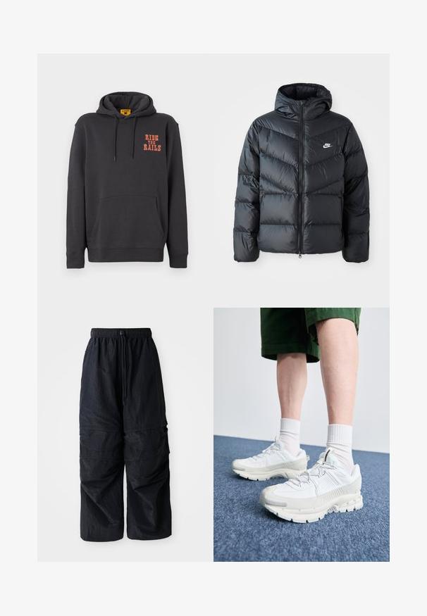 Juodas pūkinis švarkas su kapuce, su užtrauktuku priekyje, zigzaginiu siuvinėjimu, šoninėmis kišenėmis ir Nike logotipu ant krūtinės.; Pilkas džemperis su kišene kanguru, su garso virve ir oranžiniu užrašu "VAŽIUOKITE TRAKTAIS" ant krūtinės. Minkšta medžiaga su lygaus paviršiaus tekstūra.; Juodos lengvos nailono cargo kelnės su elastingu juosmeniu, reguliuojamu raišteliu ir daugybe sluoksniuotų kišenių ant kojų.; Baltos sportinės bateliai su tekstūruotais uždengimais, masyviu padu ir pilkais akcentais. Dėvimi su baltais trumpais kojiniais ir žaliais šortais mėlyname paviršiuje.