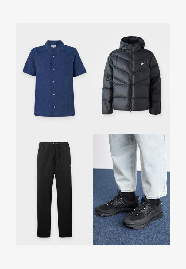 Sort dunjakke med hætte, der har lynlås foran, chevron quiltet design, sidelommer og Nike-logo på brystet.; Kortærmet, marineblå skjorte lavet af åndbart stof, med krave, funktionelle knapper og en let struktureret overflade.; Sorte sweatpants lavet af fleece, med en elastisk talje med snore, to frontlommer og et lille logo på låret.; Sorte træningssko med tekstureret stof og gummisåler, udstyret med elastiske snørebånd og en blå detalje på hælen. Bæres med lyse denimbukser.