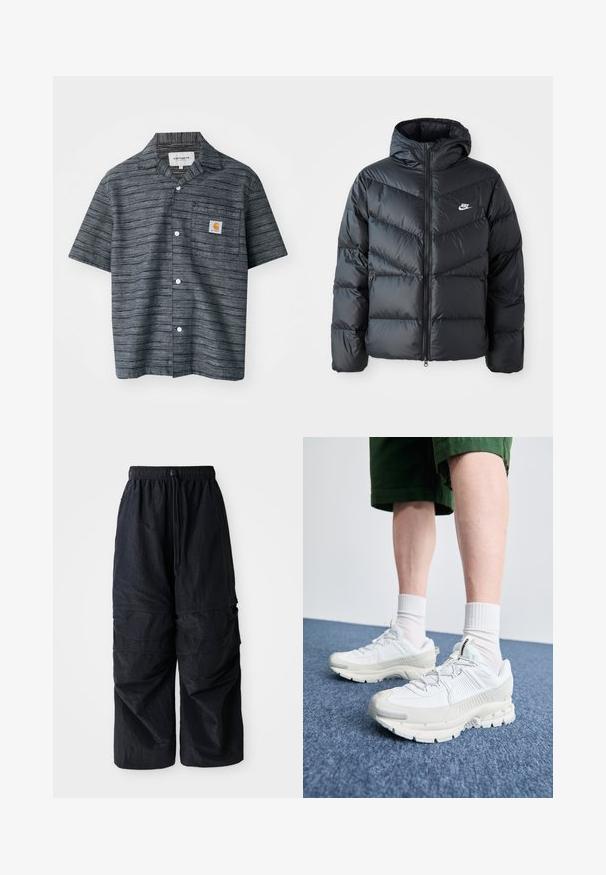 Schwarze Pufferjacke mit Kapuze, mit Reißverschluss vorne, Chevron-Steppdesign, Seiten Taschen und Nike-Logo auf der Brust.; Kurzarmhemd in Dunkelgrau mit gestreiftem Muster, ausgestattet mit einer Brusttasche und einem Carhartt-Logo-Patch.; Drei weiße, gerippte Tanktops aus Baumwolle. Merkmale einen Rundhalsausschnitt und kleine schwarze Etiketten am Saum. In mehreren Größen erhältlich.; Schwarze, leichte Nylon-Cargohosen mit elastischem Bund, verstellbarem Kordelzug und mehreren geschichteten Taschen an den Beinen.; Weiße Sportschuhe mit strukturierten Überzügen, einer dicken Sohle und grauen Akzenten. Tragen mit weißen Crew-Socken und grünen Shorts auf einer blauen Oberfläche.