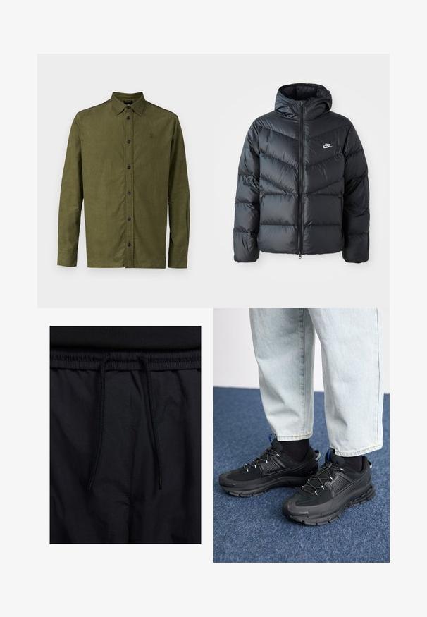 Crna puffer jakna s kapuljačom, s prednjim zatvaračem, dizajnom u obliku rombova, bočnim džepovima i Nike logom na prsima.; G-STAR REGULAR SHIRT - Majica - moss; Crne kratke hlače s pojasom na vezanje, lagani materijal s glatkom teksturom i jednostavan dizajn bez vidljivih logotipa ili uzoraka.; Crne atletske cipele s teksturiranom tkaninom i gumene potplate, s elastičnim vezicama i plavim akcentom na peti. Nosene su s svijetlim trapericama.