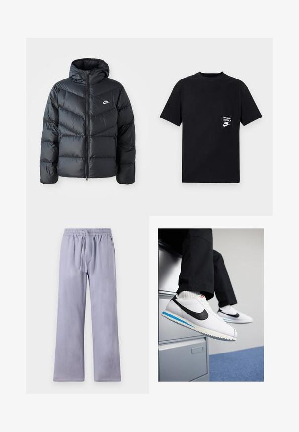 Black puffer jacket with a hood, featuring a zip front, chevron quilted design, side pockets, and Nike logo on the chest.; Black cotton t-shirt with short sleeves, round neckline, featuring white text “OFFICIAL USE ONLY” and Nike logo on the left chest.; Light purple, loose-fitting pants with a wide leg, made of soft fabric. Features an elastic waistband and drawstring for adjustable fit.; White leather sneakers with a black Nike swoosh, light blue and grey rubber sole, and classic lace-up design. Feet resting on a filing cabinet.
