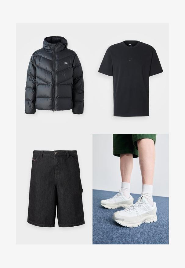 Melnā pūkaina jaka ar kapuci, ar rāvējslēdzēju priekšā, šķautņu šuvuma dizainu, sānu kabatām un Nike logotipu uz krūtīm.; Nike melns kokvilnas T-krekls ar klasisku piegriezumu, īsām piedurknēm un smalku, reljefu logotipu uz krūškurvja. Gluda tekstūra.; Melnas džinsa kravas šorti ar pogas aizdari, sānu kabatām un taisna griezuma dizainu ar kontrastējošām šuvju detaļām.; Baltas sporta apavi ar teksturētām detaļām, masīvu zoli un pelēkiem akcentiem. Valkāti ar baltiem zeķu pēdu apģērbiem un zaļām šortiem uz zilas virsmas.