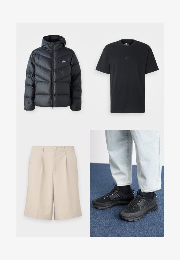 Doudoune noire avec capuche, avec fermeture éclair à l'avant, design matelassé en chevrons, poches latérales et logo Nike sur la poitrine.; T-shirt en coton noir Nike avec un col rond classique, des manches courtes et un logo embossé subtil sur la poitrine. Texture lisse.; Shorts beige ajustés en tissu léger, dotés d'un bouton à l'avant, de deux poches latérales et d'un pli le long du devant.; Des chaussures de sport noires avec un tissu texturé et des semelles en caoutchouc, dotées de lacets élastiques et d'un accent bleu au talon. Portées avec un pantalon en denim clair.