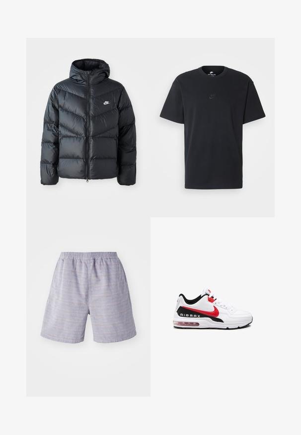 Schwarze Pufferjacke mit Kapuze, mit Reißverschluss vorne, Chevron-Steppdesign, Seiten Taschen und Nike-Logo auf der Brust.; Schwarzes Baumwoll-T-Shirt von Nike mit klassischem Rundhalsausschnitt, kurzen Ärmeln und einem dezenten, geprägten Logo auf der Brust. Glatte Textur.; Hellblaue gestreifte Shorts mit elastischem Bund, aus weichem Stoff gefertigt. Verfügt über Seitentaschen und eine lockere Passform, ideal für die Freizeit.; Weißer Sportschuh mit schwarz-roten Akzenten, ausgestattet mit einem glatten Leder-Obermaterial, Schnürung vorne und sichtbarer Luftpolsterung in der Sohle.