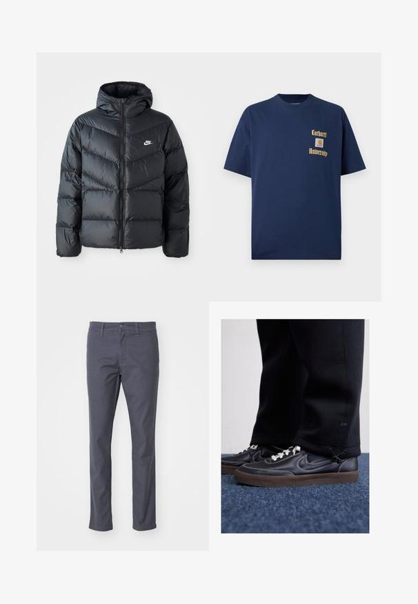Svart puffjacka med huva, med blixtlås fram, chevronquiltat mönster, sidofickor och Nike-logotyp på bröstet.; Marinblå bomull t-shirt med korta ärmar, med guldtexten "Carhartt University" och en logopatch på vänster bröst.; Mörkgrå chinos gjorda av ett bomullsmixtyg. Har knapp- och dragkedjestängning, bältesloopar och rak benform.; Nike Sportswear KILLSHOT 2 LTR PRM OPP2 - Sneakers - black sail baroque brown mtlc dk grey
