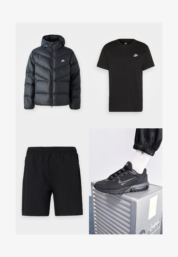 Černá péřová bunda s kapucí, která má zipový přední otvor, design s chevronovým prošíváním, boční kapsy a logo Nike na hrudi.; Černé bavlněné tričko s krátkými rukávy, kulatým výstřihem a malým bílým logem Nike na levé horní části hrudi. Hladká textura. Klasický střih.; Černé plavkové šortky vyrobené z texturované látky, s elastickým pasem a bočními kapsami, s volně střiženým designem.; Nike Sportswear PULSE - Tenisky - black/anthracite