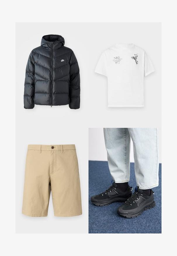 Černá péřová bunda s kapucí, která má zipový přední otvor, design s chevronovým prošíváním, boční kapsy a logo Nike na hrudi.; Bílý bavlněný tričko s černým grafickým potiskem křídlené postavy a textem, s kulatým výstřihem a krátkými rukávy.; GAP VINTAGE - Šortky - khaki; Černé sportovní boty s texturovanou tkaninou a gumovou podrážkou, s elastickými tkaničkami a modrým akcentem na patě. Nosí se s světlými džíny.