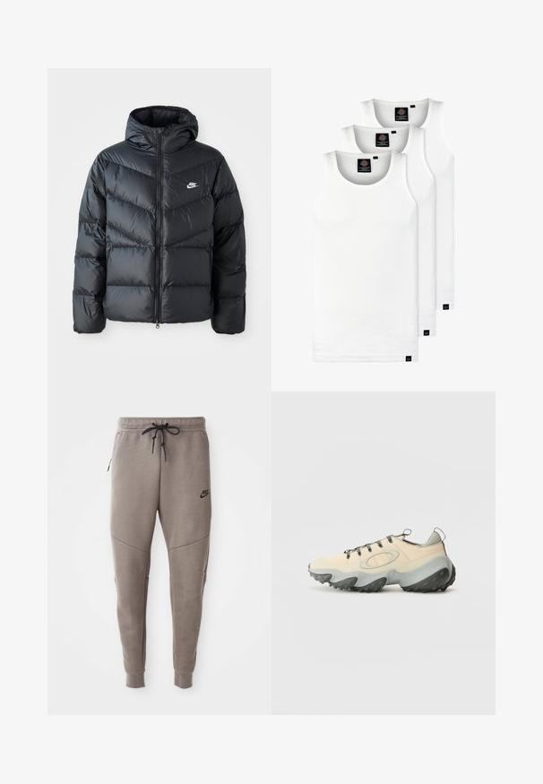 Sort dunjakke med hætte, der har lynlås foran, chevron quiltet design, sidelommer og Nike-logo på brystet.; Tre hvide ribbede tanktops lavet af bomuld. Har en rund hals og små sorte mærker nær sømmen. Fås i flere størrelser.; Grå Nike joggingbukser med snoretræk i taljen, tapered ben, sidelommer og markante sømdetaljer. Blødt, struktureret stof.; Beige atletiksko med en tekstureret mesh-overdel, grå gummisål, fremtrædende buet design og grå snørebånd. Har en pull tab på hælen.
