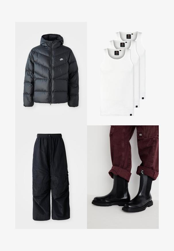 Doudoune noire avec capuche, avec fermeture éclair à l'avant, design matelassé en chevrons, poches latérales et logo Nike sur la poitrine.; Trois débardeurs blancs côtelés en coton. Présentent un col rond et de petites étiquettes noires près de l'ourlet. Disponibles en plusieurs tailles.; Pantalons cargo légers en nylon noir avec une taille élastique, un cordon de serrage ajustable et plusieurs poches superposées sur les jambes.; Steve Madden HIGHFLYER - Bottes - black