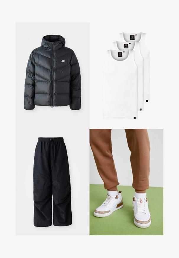 Czarna kurtka puchowa z kapturem, z zamkiem z przodu, w karoowy wzór, z bocznymi kieszeniami i logo Nike na piersi.; Trzy białe prążkowane koszulki na ramiączkach wykonane z bawełny. Posiadają okrągły dekolt i małe czarne metki blisko dolnego brzegu. Dostępne w różnych rozmiarach.; Czarne lekkie spodnie cargo z nylonu, z elastycznym paskiem w talii, regulowanym sznurkiem i wieloma warstwowymi kieszeniami na nogach.; Białe wysokie trampki z brązowymi akcentami i wzorzystą podeszwą środkową, w połączeniu z dopasowanymi brązowymi dresami na zielonej powierzchni.