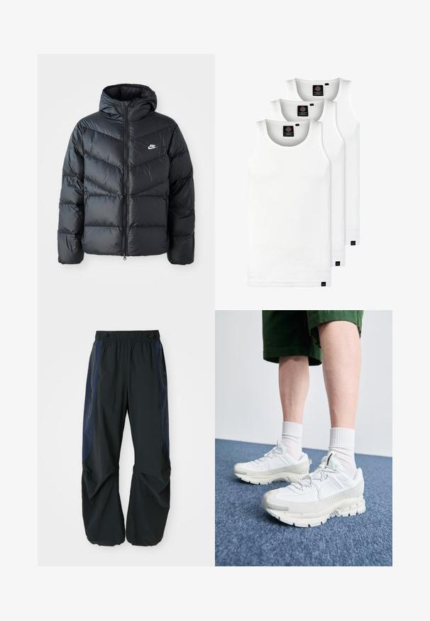 Fekete puffdzseki kapucnival, cipzáras elülső résszel, chevron quiltelt dizájnnal, oldalsó zsebekkel és Nike logóval a mellkasán.; Három fehér csíkos pamut trikó. Felső része kerek nyakkivágású, és a szegély közelében kis fekete címkék találhatók. Több méretben elérhető.; Fekete kültéri nadrág, laza fazonnal, rugalmas derékkal, navy színű oldalsó panelekkel és cipzáras zsebekkel mindkét oldalon.; Fehér sportcipők texturált burkolattal, vastag talppal és szürke részletekkel. Fehér sportzoknival és zöld rövidnadrággal viselve, kék felületen.