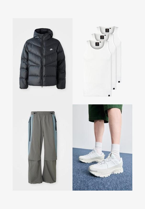Schwarze Pufferjacke mit Kapuze, mit Reißverschluss vorne, Chevron-Steppdesign, Seiten Taschen und Nike-Logo auf der Brust.; Drei weiße, gerippte Tanktops aus Baumwolle. Merkmale einen Rundhalsausschnitt und kleine schwarze Etiketten am Saum. In mehreren Größen erhältlich.; Graue Outdoor-Hosen mit weitem Beinansatz, ausgestattet mit dunkelblauen Seitenpaneelen und Reißverschlusstaschen. Hergestellt aus leichtem, atmungsaktivem Material.; Weiße Sportschuhe mit strukturierten Überzügen, einer dicken Sohle und grauen Akzenten. Tragen mit weißen Crew-Socken und grünen Shorts auf einer blauen Oberfläche.