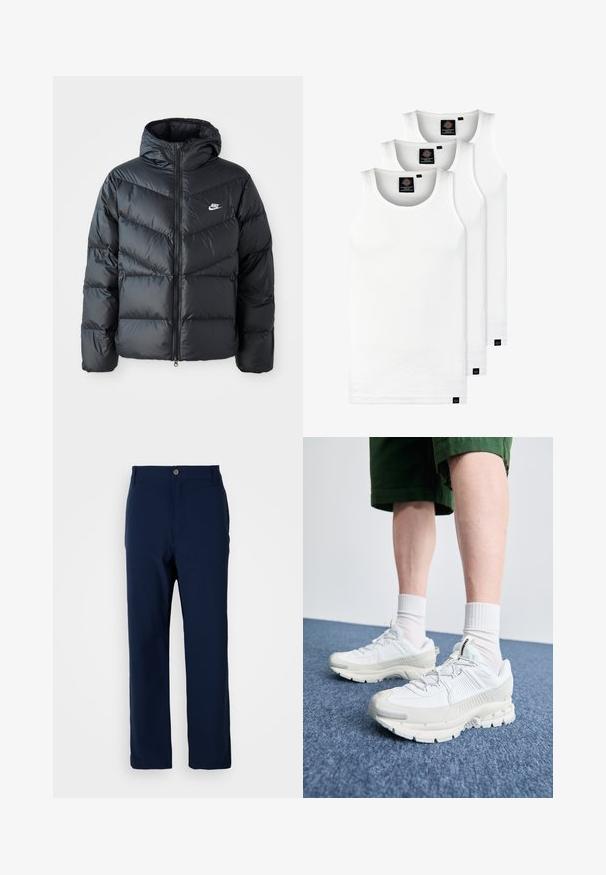 Jachetă puffer neagră cu glugă, având fermoar frontal, design quilted în formă de V, buzunare laterale și logo Nike pe piept.; Trei maieuri albe ribbate din bumbac. Au un guler rotund și etichete negre mici lângă tiv. Disponibile în mai multe mărimi.; Pantaloni drept de culoare bleu marin, cu închidere cu buton și fermoar, pasaje pentru curea și fără buzunare vizibile, pe un fundal alb.; Pantofi sport albi cu suprapuneri texturate, talpă masivă și accente gri. Purtați cu șosete albe până la glezne și pantaloni scurți verzi pe o suprafață albastră.