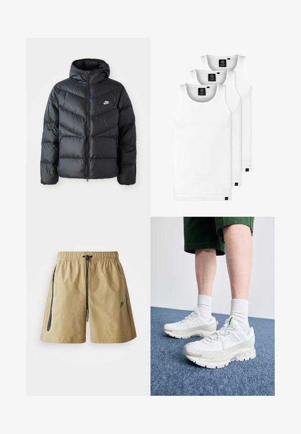 Mustapuffa takki hupulla, jossa on vetoketju edessä, viisto ompelu, sivutaskut ja Nike-logo rinnassa.; Kolme valkoista ribbitekstiilistä toppia, jotka on valmistettu puuvillasta. Ominaisuuksiin kuuluu pyöreä pääntie ja pieni musta etiketti helman lähellä. Saatavilla useissa kooissa.; Vaaleanruskeat lyhyet housut, jotka on valmistettu kevyestä kankaasta. Niissä on joustava vyötärö, johon kuuluu nyöri, sivutaskut ja hienovarainen logoyksityiskohta.; Valkoiset urheilukengät, joissa on tekstuuriset päällysteet, paksu pohja ja harmaat yksityiskohdat. Yhdistetty valkoisiin putkisukkiin ja vihreisiin shortseihin sinisellä pinnalla.