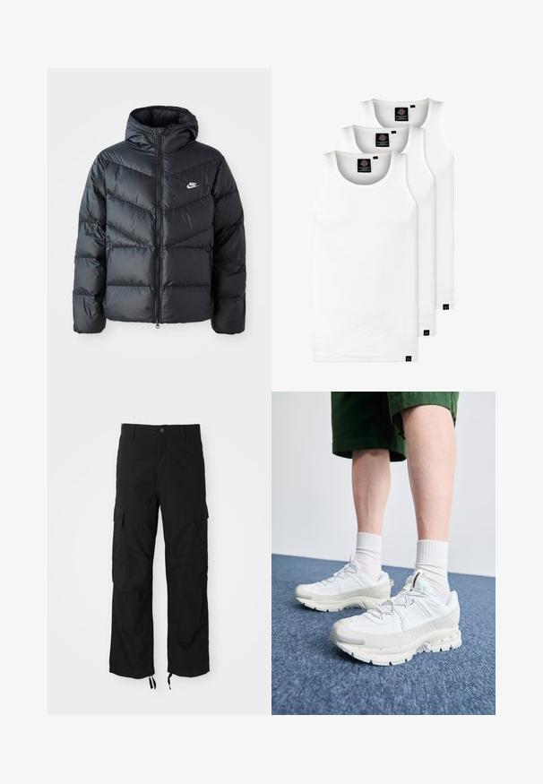 Chaqueta acolchada negra con capucha, con cierre de cremallera al frente, diseño de acolchado en forma de chevron, bolsillos laterales y logo de Nike en el pecho.; Tres camisetas sin mangas de algodón de color blanco con canalé. Cuentan con cuello redondo y pequeñas etiquetas negras cerca del dobladillo. Disponibles en múltiples tamaños.; Pantalones cargo negros hechos de tela durable, con dos bolsillos laterales, cierre de botón y dobladillos ajustables para un ajuste suelto y relajado.; Zapatillas deportivas blancas con superposiciones texturizadas, una suela gruesa y acentos grises. Llevadas con calcetines blancos hasta la pantorrilla y pantalones cortos verdes sobre una superficie azul.