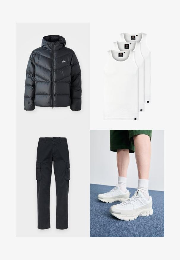 Schwarze Pufferjacke mit Kapuze, mit Reißverschluss vorne, Chevron-Steppdesign, Seiten Taschen und Nike-Logo auf der Brust.; Drei weiße, gerippte Tanktops aus Baumwolle. Merkmale einen Rundhalsausschnitt und kleine schwarze Etiketten am Saum. In mehreren Größen erhältlich.; Schwarze Cargo-Hose aus robustem Stoff, mit zwei Seitentaschen, geraden Beinen und einem Knopfverschluss an der Taille.; Weiße Sportschuhe mit strukturierten Überzügen, einer dicken Sohle und grauen Akzenten. Tragen mit weißen Crew-Socken und grünen Shorts auf einer blauen Oberfläche.