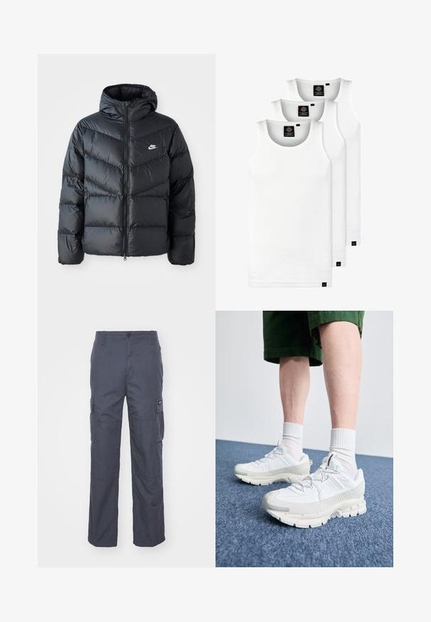 Fekete puffdzseki kapucnival, cipzáras elülső résszel, chevron quiltelt dizájnnal, oldalsó zsebekkel és Nike logóval a mellkasán.; Három fehér csíkos pamut trikó. Felső része kerek nyakkivágású, és a szegély közelében kis fekete címkék találhatók. Több méretben elérhető.; Sötétszürke anyagú cargo nadrág, széles lábakkal, több oldalsó zsebbel és gombos derékzárral. Sima textúrájú és strapabíró kialakítású.; Fehér sportcipők texturált burkolattal, vastag talppal és szürke részletekkel. Fehér sportzoknival és zöld rövidnadrággal viselve, kék felületen.