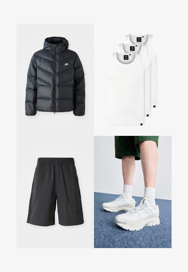 Giacca a vento nera con cappuccio, dotata di zip frontale, design a diamantini a zigzag, tasche laterali e logo Nike sul petto.; Tre canotte bianche a coste in cotone. Presentano un colletto rotondo e piccole etichette nere vicino all'orlo. Disponibile in diverse taglie.; Pantaloni corti neri con un design testurizzato a coste, vita elastica e due tasche laterali. Stile casual, lunghezza sopra il ginocchio.; Scarpe da ginnastica bianche con sovrapposizioni testurizzate, suola spessa e accenti grigi. Indossate con calze corte bianche e pantaloni corti verdi su una superficie blu.