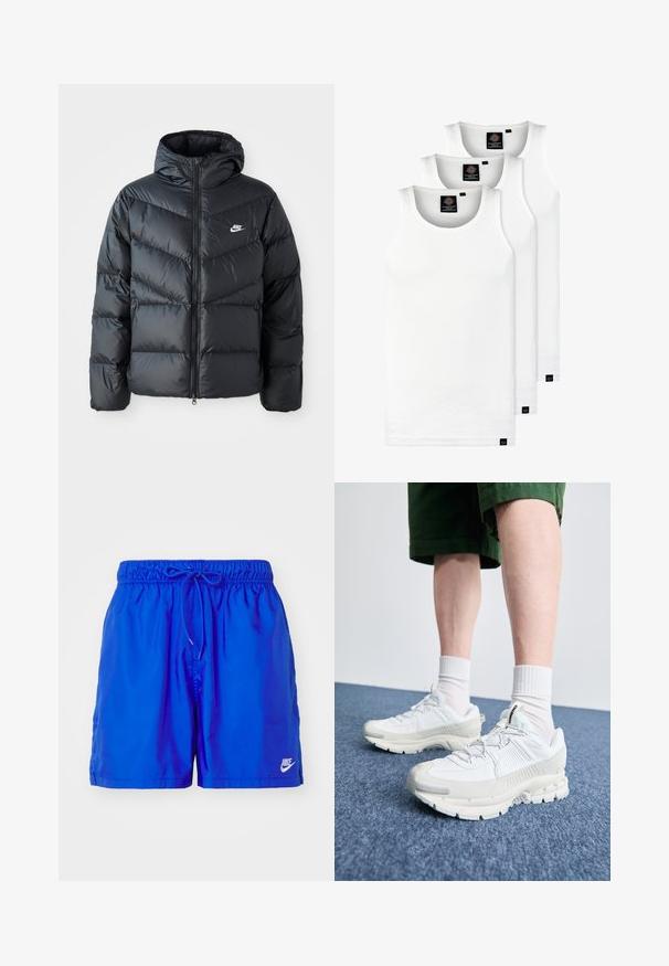 Black puffer jacket with a hood, featuring a zip front, chevron quilted design, side pockets, and Nike logo on the chest.; Three white ribbed tank tops made of cotton. Features a crew neck and small black labels near the hem. Available in multiple sizes.; Blue athletic swim shorts with an elastic waistband, adjustable drawstring, side pockets, and a white Nike logo on the bottom right.; White athletic shoes with textured overlays, a chunky sole, and gray accents. Worn with white crew socks and green shorts on a blue surface.