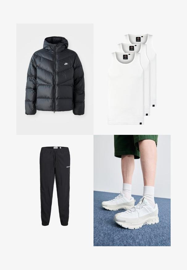 Black puffer jacket with a hood, featuring a zip front, chevron quilted design, side pockets, and Nike logo on the chest.; Three white ribbed tank tops made of cotton. Features a crew neck and small black labels near the hem. Available in multiple sizes.; Black athletic pants with an elastic waistband, drawstring, and cuffed ankles. Features logo on the front and contrasting side stripes.; White athletic shoes with textured overlays, a chunky sole, and gray accents. Worn with white crew socks and green shorts on a blue surface.