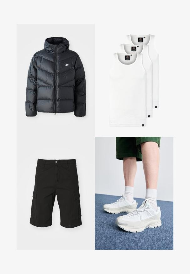 Juodas pūkinis švarkas su kapuce, su užtrauktuku priekyje, zigzaginiu siuvinėjimu, šoninėmis kišenėmis ir Nike logotipu ant krūtinės.; Trys balti, dryžuoti marškiniai be rankovių, pagaminti iš medvilnės. Yra apvalus kaklas ir maži juodi etiketės netoli siūlės. Siūlomi įvairių dydžių.; Juodi cargo šortai, pagaminti iš tvaraus audinio, su šoniniais kišenėmis, mygtukų užsegimu ir apvargyta apdaila. Tiesus kirpimas.; Baltos sportinės bateliai su tekstūruotais uždengimais, masyviu padu ir pilkais akcentais. Dėvimi su baltais trumpais kojiniais ir žaliais šortais mėlyname paviršiuje.