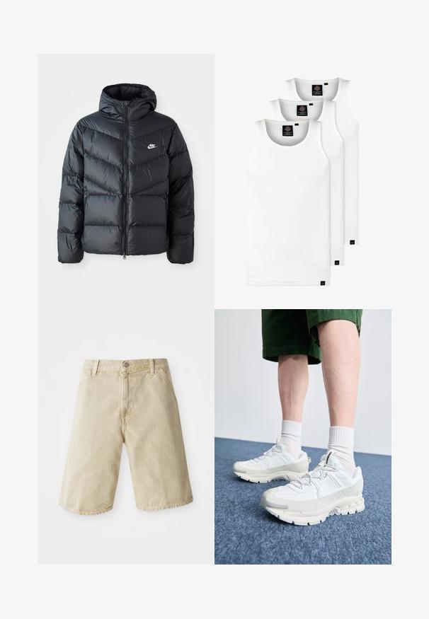 Fekete puffdzseki kapucnival, cipzáras elülső résszel, chevron quiltelt dizájnnal, oldalsó zsebekkel és Nike logóval a mellkasán.; Három fehér csíkos pamut trikó. Felső része kerek nyakkivágású, és a szegély közelében kis fekete címkék találhatók. Több méretben elérhető.; Beige farmernadrág rövidnadrág, egyenes szabással, öt zsebbel, elöl gombos és cipzáras záródással, valamint enyhe kopással az anyagon.; Fehér sportcipők texturált burkolattal, vastag talppal és szürke részletekkel. Fehér sportzoknival és zöld rövidnadrággal viselve, kék felületen.