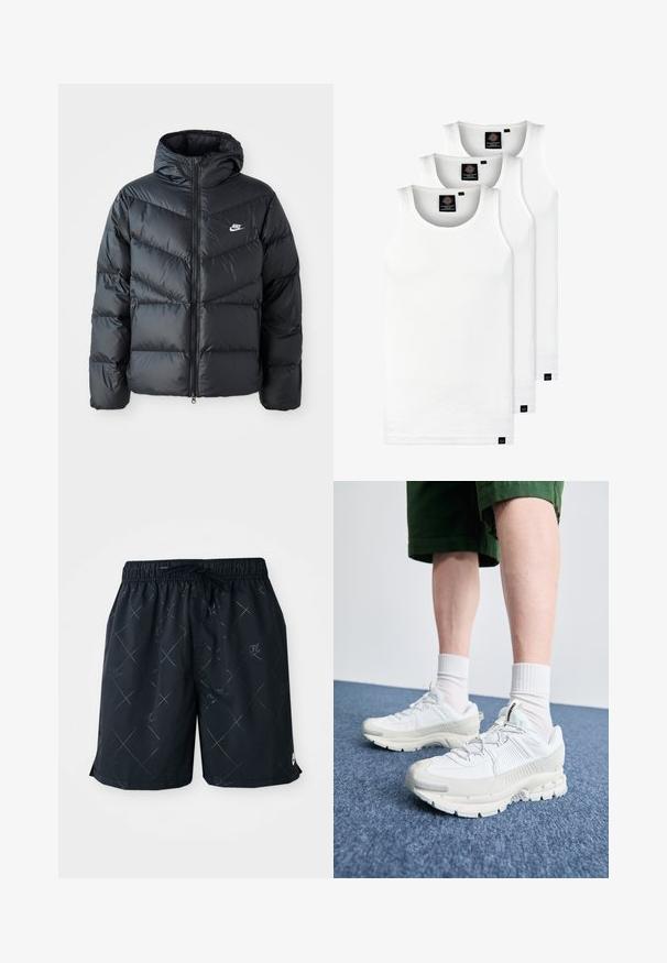 Juodas pūkinis švarkas su kapuce, su užtrauktuku priekyje, zigzaginiu siuvinėjimu, šoninėmis kišenėmis ir Nike logotipu ant krūtinės.; Trys balti, dryžuoti marškiniai be rankovių, pagaminti iš medvilnės. Yra apvalus kaklas ir maži juodi etiketės netoli siūlės. Siūlomi įvairių dydžių.; Juodi maudymosi šortai su deimanto raštu ir Nike logo, pagaminti iš lengvos medžiagos. Savybės: elastingas juosmuo su raišteliu.; Baltos sportinės bateliai su tekstūruotais uždengimais, masyviu padu ir pilkais akcentais. Dėvimi su baltais trumpais kojiniais ir žaliais šortais mėlyname paviršiuje.