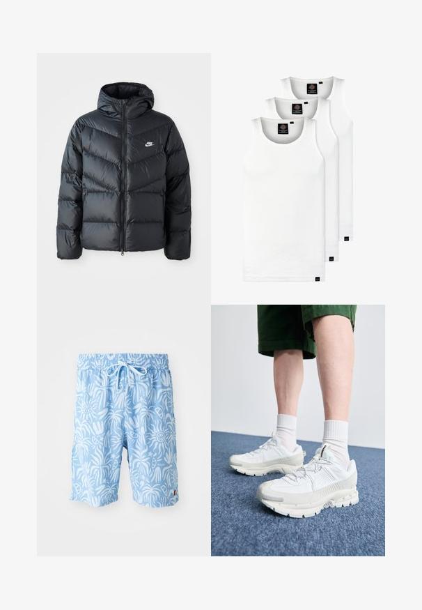 Chaqueta acolchada negra con capucha, con cierre de cremallera al frente, diseño de acolchado en forma de chevron, bolsillos laterales y logo de Nike en el pecho.; Tres camisetas sin mangas de algodón de color blanco con canalé. Cuentan con cuello redondo y pequeñas etiquetas negras cerca del dobladillo. Disponibles en múltiples tamaños.; Bañador de color azul claro con un patrón abstracto blanco, cintura elástica y cordón. Logo en la parte delantera izquierda y aberturas en los laterales del dobladillo.; Zapatillas deportivas blancas con superposiciones texturizadas, una suela gruesa y acentos grises. Llevadas con calcetines blancos hasta la pantorrilla y pantalones cortos verdes sobre una superficie azul.