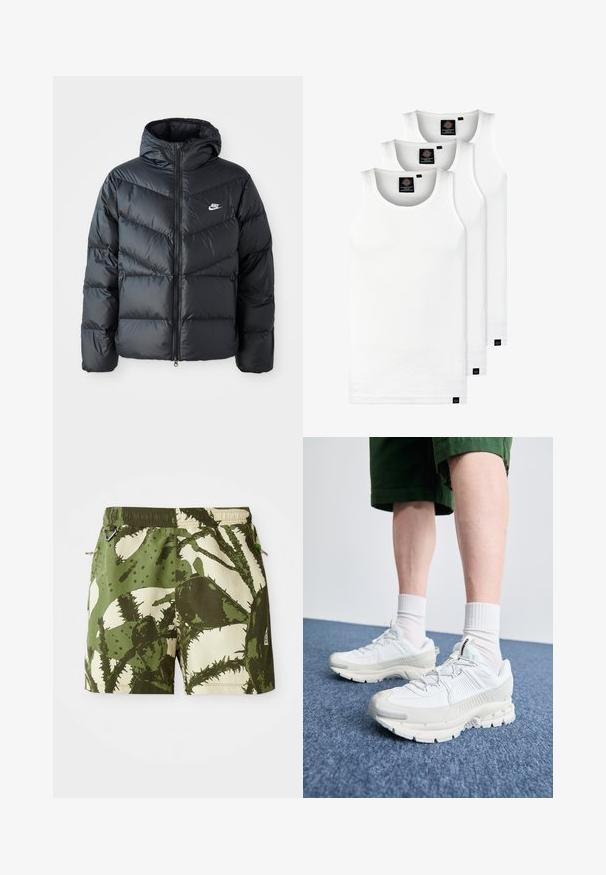 Fekete puffdzseki kapucnival, cipzáras elülső résszel, chevron quiltelt dizájnnal, oldalsó zsebekkel és Nike logóval a mellkasán.; Három fehér csíkos pamut trikó. Felső része kerek nyakkivágású, és a szegély közelében kis fekete címkék találhatók. Több méretben elérhető.; Zöld és bézs fürdőnadrág, kaktusz mintával, elasztikus derékrésszel, húzózsinórral és oldalsó zsebekkel. Tartós anyag, texturált felülettel.; Fehér sportcipők texturált burkolattal, vastag talppal és szürke részletekkel. Fehér sportzoknival és zöld rövidnadrággal viselve, kék felületen.