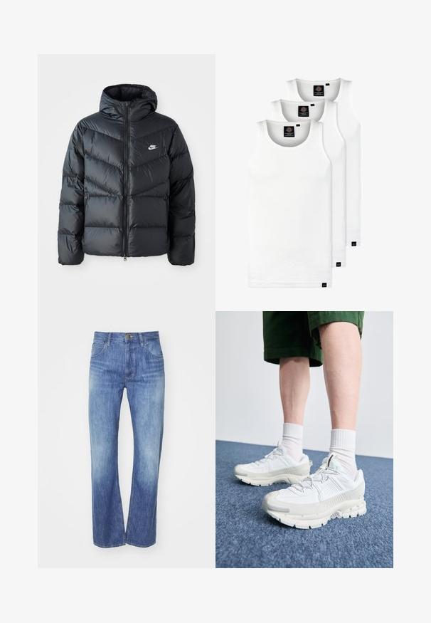 Jachetă puffer neagră cu glugă, având fermoar frontal, design quilted în formă de V, buzunare laterale și logo Nike pe piept.; Trei maieuri albe ribbate din bumbac. Au un guler rotund și etichete negre mici lângă tiv. Disponibile în mai multe mărimi.; Jeans din denim albastru deschis cu un croi drept, având o ușoară decolorare, cinci buzunare și o închidere cu nasture la talie.; Pantofi sport albi cu suprapuneri texturate, talpă masivă și accente gri. Purtați cu șosete albe până la glezne și pantaloni scurți verzi pe o suprafață albastră.