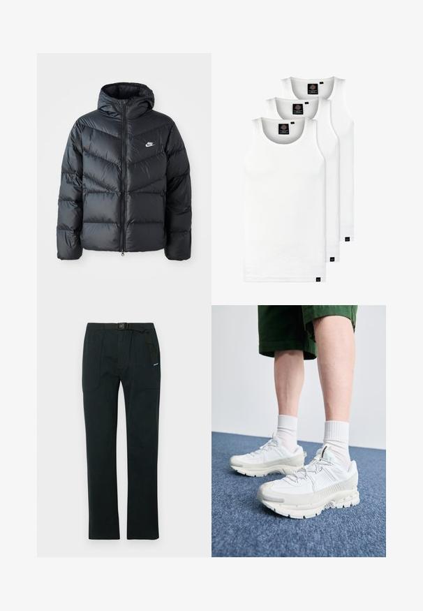 Melnā pūkaina jaka ar kapuci, ar rāvējslēdzēju priekšā, šķautņu šuvuma dizainu, sānu kabatām un Nike logotipu uz krūtīm.; Trīs baltas ribotas krūšturi, kas izgatavoti no kokvilnas. Iezīmēti ar apaļu kakla izgriezumu un maziem melniem etiķetēm tuvu apakšmalai. Pieejami vairākos izmēros.; Melnas bikses, kas izgatavotas no izturīga auduma, ar taisnu kāju dizainu, pielāgojamu jostu un divām priekšējām kabatām ar izliektiem šuvēm.; Baltas sporta apavi ar teksturētām detaļām, masīvu zoli un pelēkiem akcentiem. Valkāti ar baltiem zeķu pēdu apģērbiem un zaļām šortiem uz zilas virsmas.