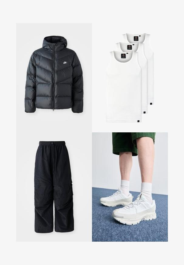 Černá péřová bunda s kapucí, která má zipový přední otvor, design s chevronovým prošíváním, boční kapsy a logo Nike na hrudi.; Tři bílé žebrované tílka vyrobené z bavlny. Mají kulatý výstřih a malé černé štítky poblíž lemu. Dostupné v několika velikostech.; Černé lehké nylonové cargo kalhoty s elastickým pasem, nastavitelnou šňůrkou a několika vrstvenými kapsami na nohách.; Bílé sportovní boty s texturovanými překryvy, masivní podrážkou a šedými akcenty. Na nohou mají bílé ponožky a zelené šortky na modrém povrchu.