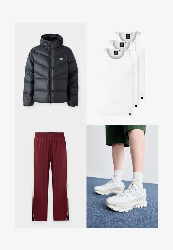 Fekete puffdzseki kapucnival, cipzáras elülső résszel, chevron quiltelt dizájnnal, oldalsó zsebekkel és Nike logóval a mellkasán.; Három fehér csíkos pamut trikó. Felső része kerek nyakkivágású, és a szegély közelében kis fekete címkék találhatók. Több méretben elérhető.; Bordó sportnadrág elasztikus derékkal, kontrasztos fehér oldalsávokkal és fekete részletekkel. Simító, könnyű anyagból készült.; Fehér sportcipők texturált burkolattal, vastag talppal és szürke részletekkel. Fehér sportzoknival és zöld rövidnadrággal viselve, kék felületen.