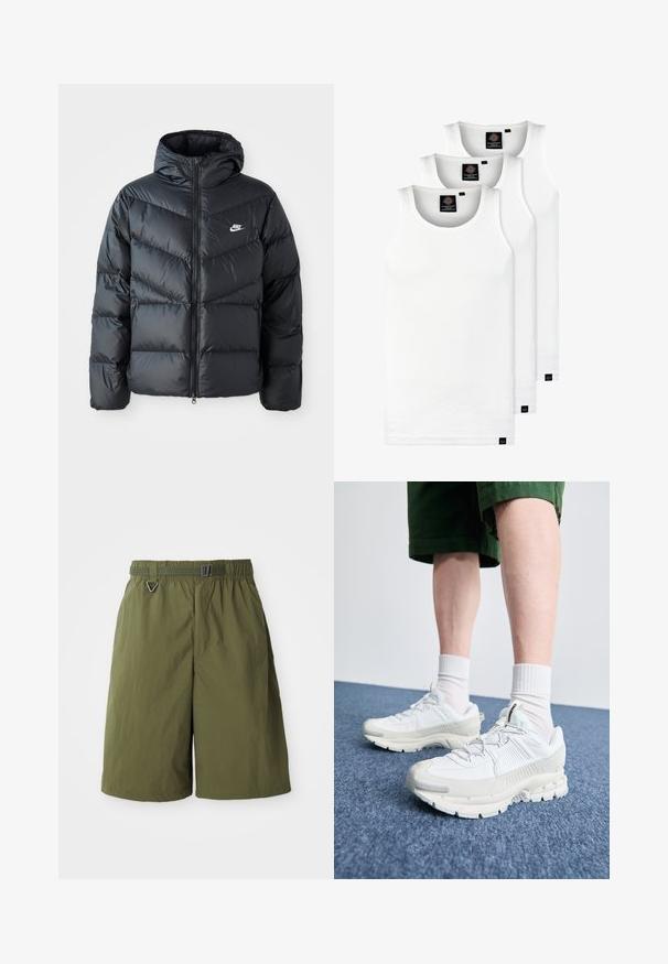 Černá péřová bunda s kapucí, která má zipový přední otvor, design s chevronovým prošíváním, boční kapsy a logo Nike na hrudi.; Tři bílé žebrované tílka vyrobené z bavlny. Mají kulatý výstřih a malé černé štítky poblíž lemu. Dostupné v několika velikostech.; Zelené nylonové šortky s elastickým pasem a nastavitelným pásem. Mají bezpečný kovový D-kroužek a hladkou strukturu.; Bílé sportovní boty s texturovanými překryvy, masivní podrážkou a šedými akcenty. Na nohou mají bílé ponožky a zelené šortky na modrém povrchu.